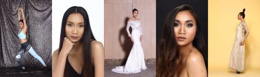 20 'li yaşlardaki Asyalı Kadın Kolaj Grubu Portresi birçok poz, elbise, ifade, duygu, konum, bikini, önlük, plaj, boy, yüz, moda, günlük, izole edilmiş gülümseme, güçlü.
