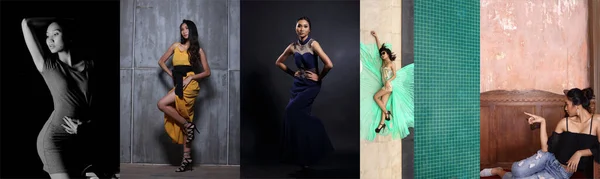 Collage Group Retrato Mujer Asiática Los Años Presenta Muchas Poses — Foto de Stock