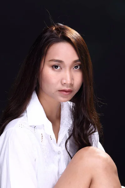 Asian Girl White Shirt Black Curly Hair Studio Black Background — Stock Photo, Image