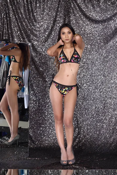 Bronz Tenli Uzun Saçlı Asyalı Güzel Bir Manken Bikini Mayo — Stok fotoğraf