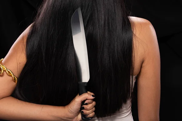 Asya Uzun Saçlı Kadının Arkadan Görünüşü Mutfak Keskin Bıçağı Elinde — Stok fotoğraf