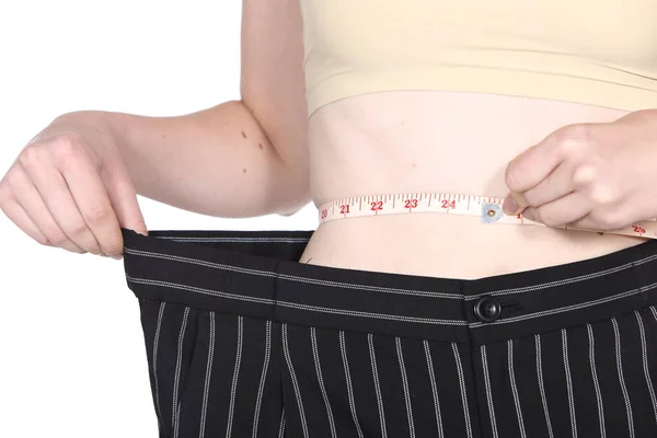 Diyet Planlayıcısı Büyük Pantolonu Olan Zayıf Kız Kilo Vermiş Kilo — Stok fotoğraf