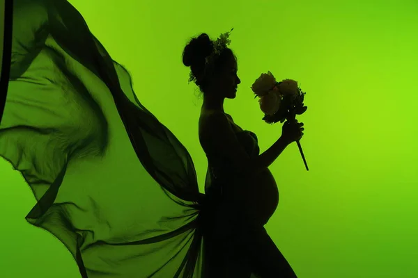 シルエット妊娠中の女性の肖像画は 花束の花や布が空気の波のファッションスタイルでなびかせ スタジオ照明緑のトーンの背景 — ストック写真