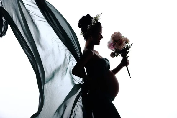 Silhouette Portrait Femme Enceinte Tenant Bouquet Fleur Tissu Flottant Dans — Photo