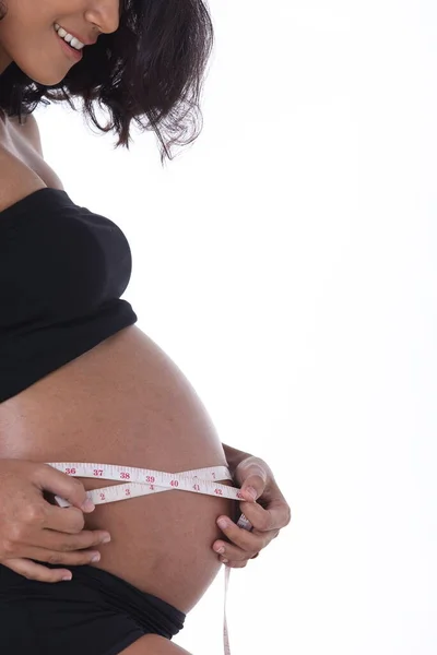 Fita Medição Barriga Barriga Mulher Indiana Asiática Grávida Mostrando Linha — Fotografia de Stock