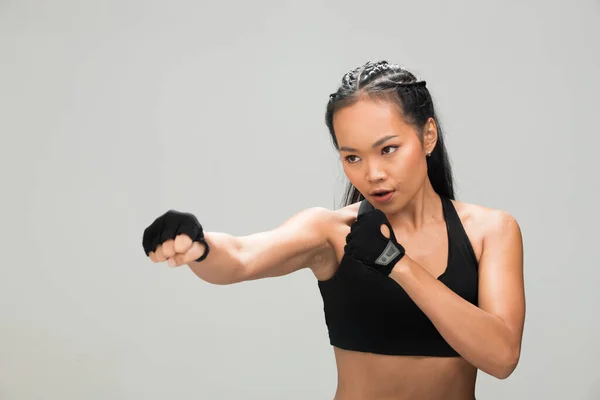 Asian Tan Skin Fitness Woman Exercise Punch Air Wear Boxing — Stock Photo, Image