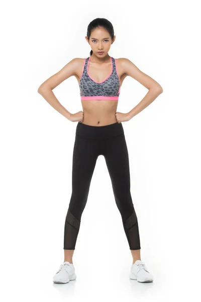 Asiático Tan Skin Fitness Mulher Exercício Desgaste Rosa Escuro Tigre — Fotografia de Stock