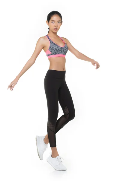 Asian Tan Skin Fitness Frau Übung Tragen Rosa Dunkle Tigerhaut — Stockfoto