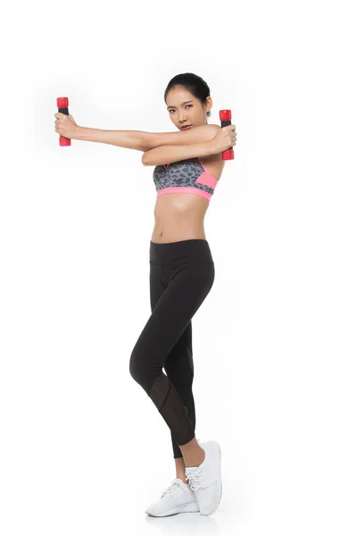Asian Tan Skin Fitness Vrouw Oefening Dragen Roze Donkere Tijger — Stockfoto