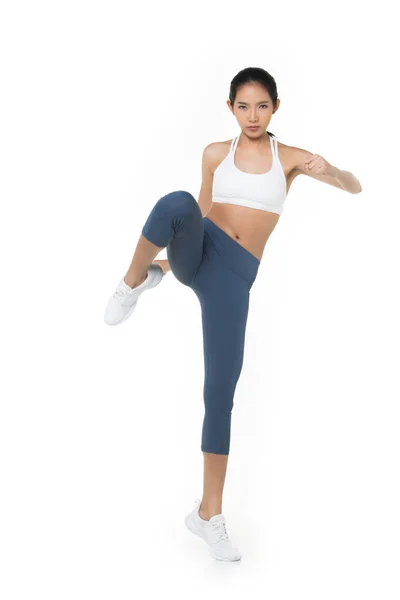 Asiática Tan Skin Fitness Mujer Ejercicio Desgaste Azul Sujetador Pantalón — Foto de Stock