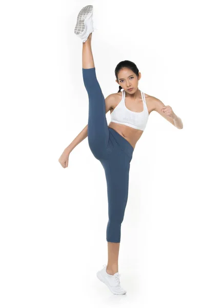 Asiática Tan Skin Fitness Mujer Ejercicio Desgaste Azul Sujetador Pantalón —  Fotos de Stock