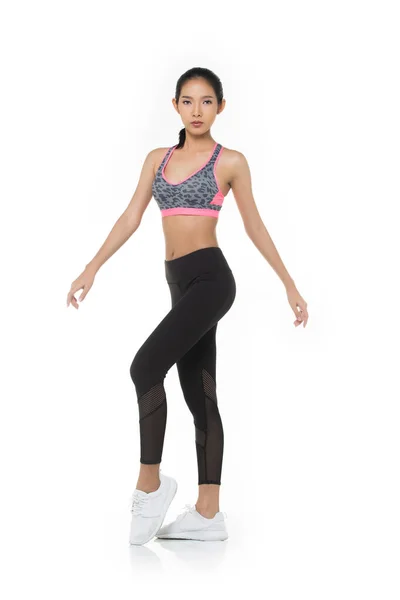 Asian Tan Skin Fitness Frau Übung Tragen Rosa Dunkle Tigerhaut — Stockfoto