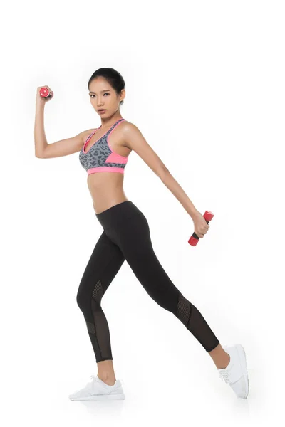 Asian Tan Skin Fitness Vrouw Oefening Dragen Roze Donkere Tijger — Stockfoto