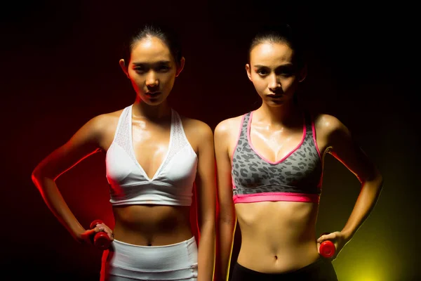 Two Asian Tan Skin Fitness Women Exercise Boxing Weight Punch — Fotografia de Stock