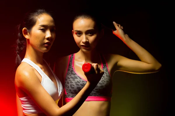 Two Asian Tan Skin Fitness Women Exercise Boxing Weight Punch — Fotografia de Stock