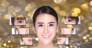 Asyalı Kadın 'ın kolajı saç stili, estetik ameliyat, grafik yüz ayırıcı görsel stil. Stüdyo ışıkları sarı bokeh arkaplan