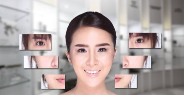 Asyalı Kadın 'ın kolajı saç stili, estetik ameliyat, grafik yüz ayırıcı görsel stil. Stüdyo aydınlatma bulanık klinik geçmişi