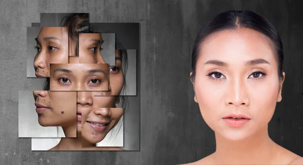 Mujer Asiática Antes Aplicar Maquillaje Estilo Pelo Cosmético Cara Fresca — Foto de Stock