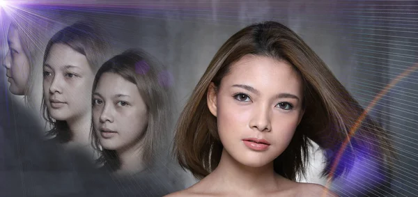 Asian Woman before after applying make up cosmetic hair style. fresh face with acne, wart, bag under eyes, rough, nice and smooth skin, comparison from morning face to beautiful plastic surgery