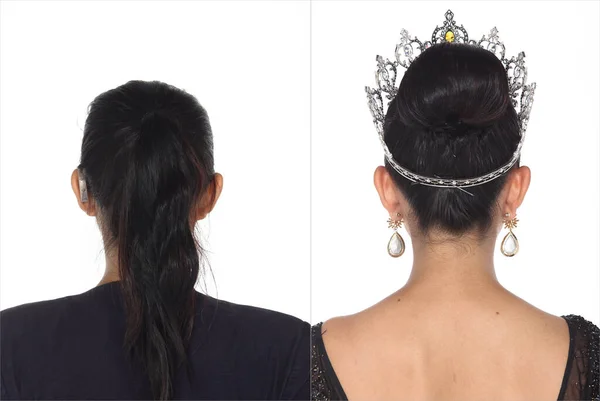 Mujer Asiática Antes Después Maquillaje Estilo Pelo Sin Retoque Cara —  Fotos de Stock