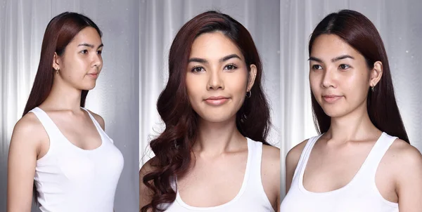 Femme Asiatique Transgenre Avant Après Maquillage Coiffure Sans Retouche Visage — Photo