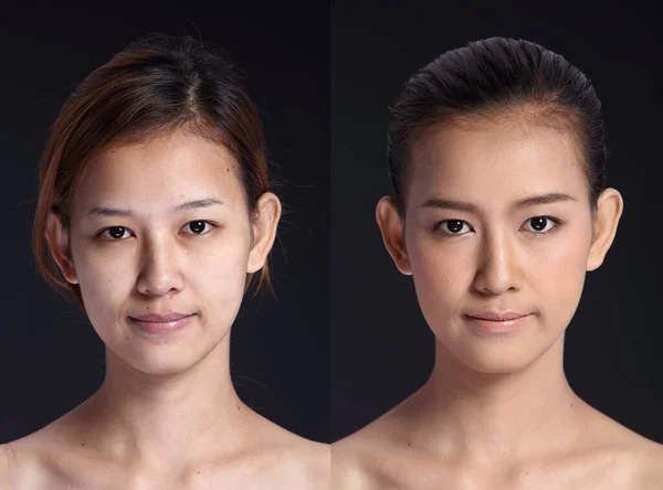 Mujer Asiática Antes Aplicar Maquillaje Estilo Pelo Sin Retoque Cara — Foto de Stock