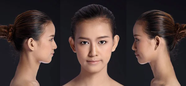 亚洲女人在申请后化妆的发型 没有皱纹 新鲜的脸与美丽和光滑的皮肤 工作室照明黑色背景 三面比较 — 图库照片
