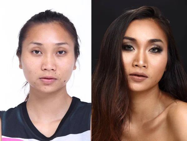 適用後のアジアの女性は ヘアスタイルを構成します 手の触れようのない滑らかな肌の新鮮な顔 スタジオ照明白黒の背景 — ストック写真