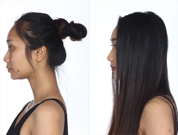 Mujer Asiática Antes Aplicar Maquillaje Estilo Pelo Sin Retoque Cara —  Fotos de Stock
