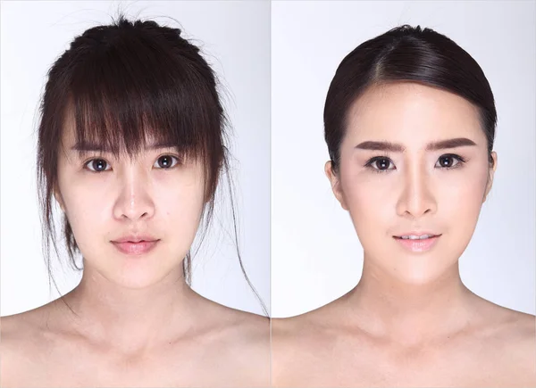 亚洲女人以前化妆后的发型 没有皱纹 新鲜的脸与粉刺 皮肤痣 演播室照明白色背景 — 图库照片
