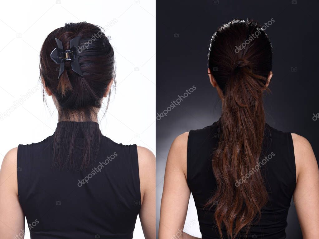 Asian Woman before after applying make up hair style. no retouch, fresh face with nice and smooth skin. Studio lighting white background