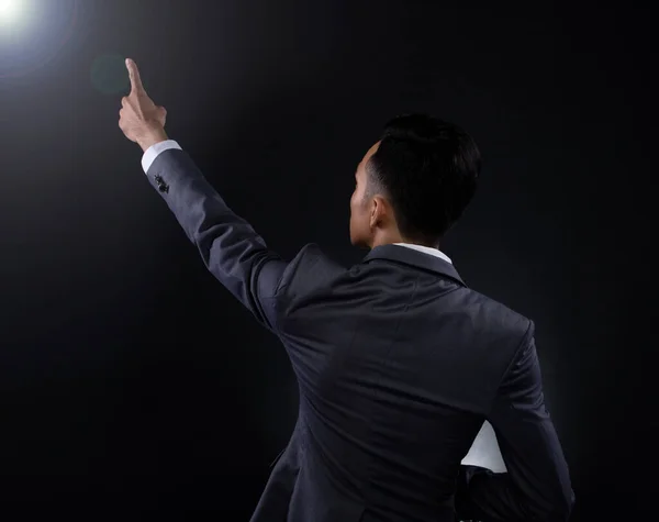 Business Man Proper Gray Suit Vit Skjorta Sikta Finger Hand — Stockfoto