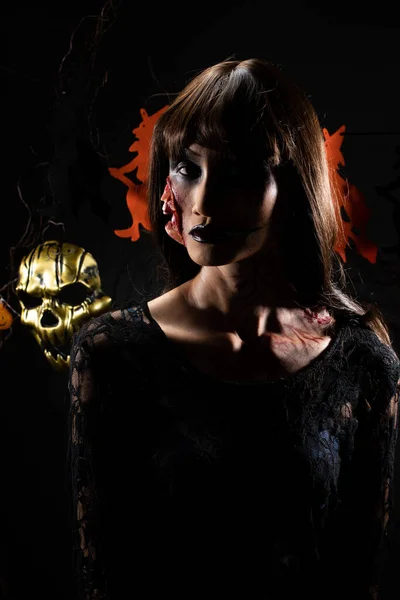 Halloween Bakgrund Med Häxa Och Pumpa Körtel Hängande Ghost Zombie — Stockfoto