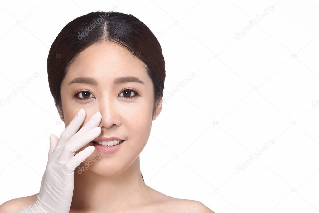Doctor injects Filler Botox to Asian Woman Beauty Face who want to be most beautiful girl and avoid cosmetic medical plastic surgery, portrait smile with close up face, isolated white background
