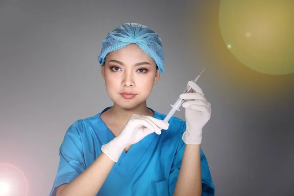 Asian Beautiful Doctor Nurse Woman Blue Uniform Syringe Hygiene Helmet — Stock Photo, Image