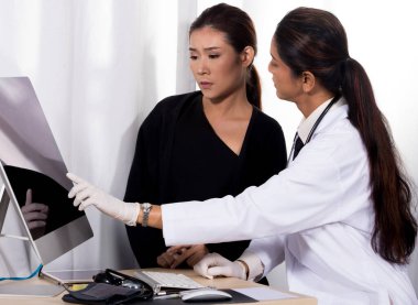 Asyalı Hasta kontrol edildi ve Hindistanlı Ortadoğu doktoru tarafından sıcak bakımı teşvik edildi. Hastane kliniğinde çalışan kadın, her şeyin iyi olacağı kavramı, tanı kontrolü, kopyalama alanı.