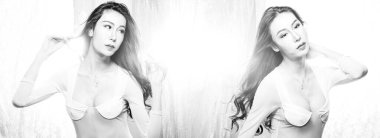 Tek renkli siyah beyaz portre güzel uzun saçlı Asyalı genç transseksüel yaz tatilinde, açık havada arzu. LGBT veya LGBTQ + Kadın ilk aşk tutkusuna sahip, boşluk kolaj grubunu kopyala