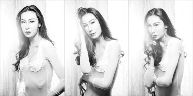 Tek renkli siyah beyaz portre güzel uzun saçlı Asyalı genç transseksüel yaz tatilinde, açık havada arzu. LGBT veya LGBTQ + Kadın ilk aşk tutkusuna sahip, boşluk kolaj grubunu kopyala