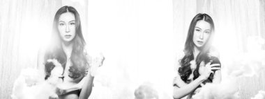 Tek renkli siyah beyaz portre güzel uzun saçlı Asyalı genç transseksüel yaz tatilinde, açık havada arzu. LGBT veya LGBTQ + Kadın ilk aşk tutkusuna sahip, boşluk kolaj grubunu kopyala