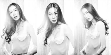 Tek renkli siyah beyaz portre güzel uzun saçlı Asyalı genç transseksüel yaz tatilinde, açık havada arzu. LGBT veya LGBTQ + Kadın ilk aşk tutkusuna sahip, boşluk kolaj grubunu kopyala