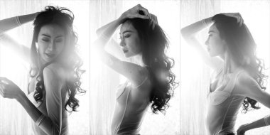 Tek renkli siyah beyaz portre güzel uzun saçlı Asyalı genç transseksüel yaz tatilinde, açık havada arzu. LGBT veya LGBTQ + Kadın ilk aşk tutkusuna sahip, boşluk kolaj grubunu kopyala