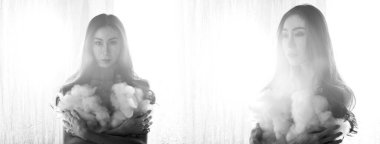 Tek renkli siyah beyaz portre güzel uzun saçlı Asyalı genç transseksüel yaz tatilinde, açık havada arzu. LGBT veya LGBTQ + Kadın ilk aşk tutkusuna sahip, boşluk kolaj grubunu kopyala