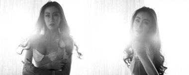 Tek renkli siyah beyaz portre güzel uzun saçlı Asyalı genç transseksüel yaz tatilinde, açık havada arzu. LGBT veya LGBTQ + Kadın ilk aşk tutkusuna sahip, boşluk kolaj grubunu kopyala