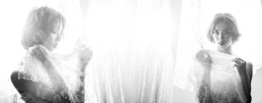 Tek renkli siyah beyaz güzel LGBT portresi ya da LGBTQ + Boy yaz romantik tatilinde, açık havada arzu. Kısa saçlı bir kız perdesi ve güneş ışığı ve kolaj grubuyla birlikte Windows 'un yanına oturur.