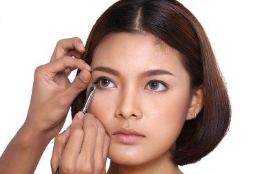 Kozmetik, Makyaj, Güzellik Süreci, Beyaz Stüdyo Arkaplan, Mükemmel Sağlıklı Cilt, Göz farı ve Gözlerde Palet