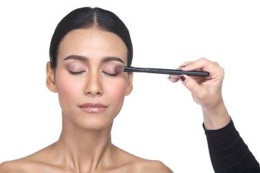 Her fırçanın tam konumuna göre ayarlanmış farklı 14 pc 'lik makyaj fırçasının her tipinden Asya Teni Kadın Wtih Hand on Present, stüdyo aydınlatma beyaz arka plan izole kopya alanı