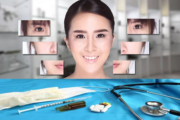 Asiatisk Kvinna Innan Efter Applicering Plastikkirurgi Med Medicinsk Utrustning Begreppet — Stockfoto