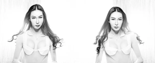 Monochromatyczny Czarny Biały Portret Pięknych Długich Włosów Azjatycki Młody Transgender — Zdjęcie stockowe