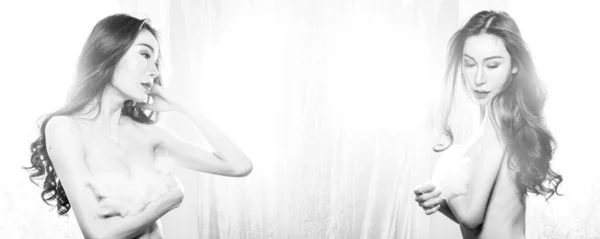 Monocromático Preto Branco Retrato Belo Cabelo Longo Asiático Jovem Transgênero — Fotografia de Stock