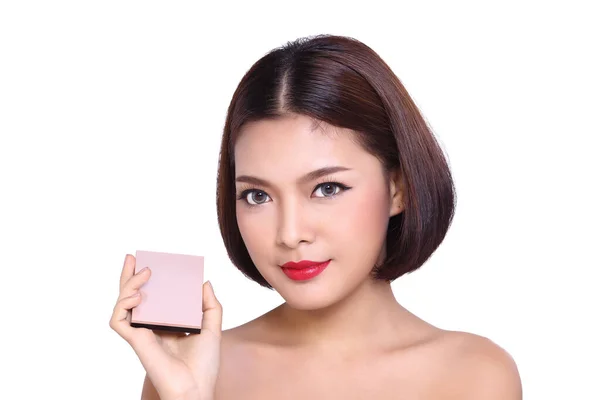 Kosmetik Make Auftragen Schönheitsprozess Weißer Studiohintergrund Perfect Healthy Skin Puderdose — Stockfoto